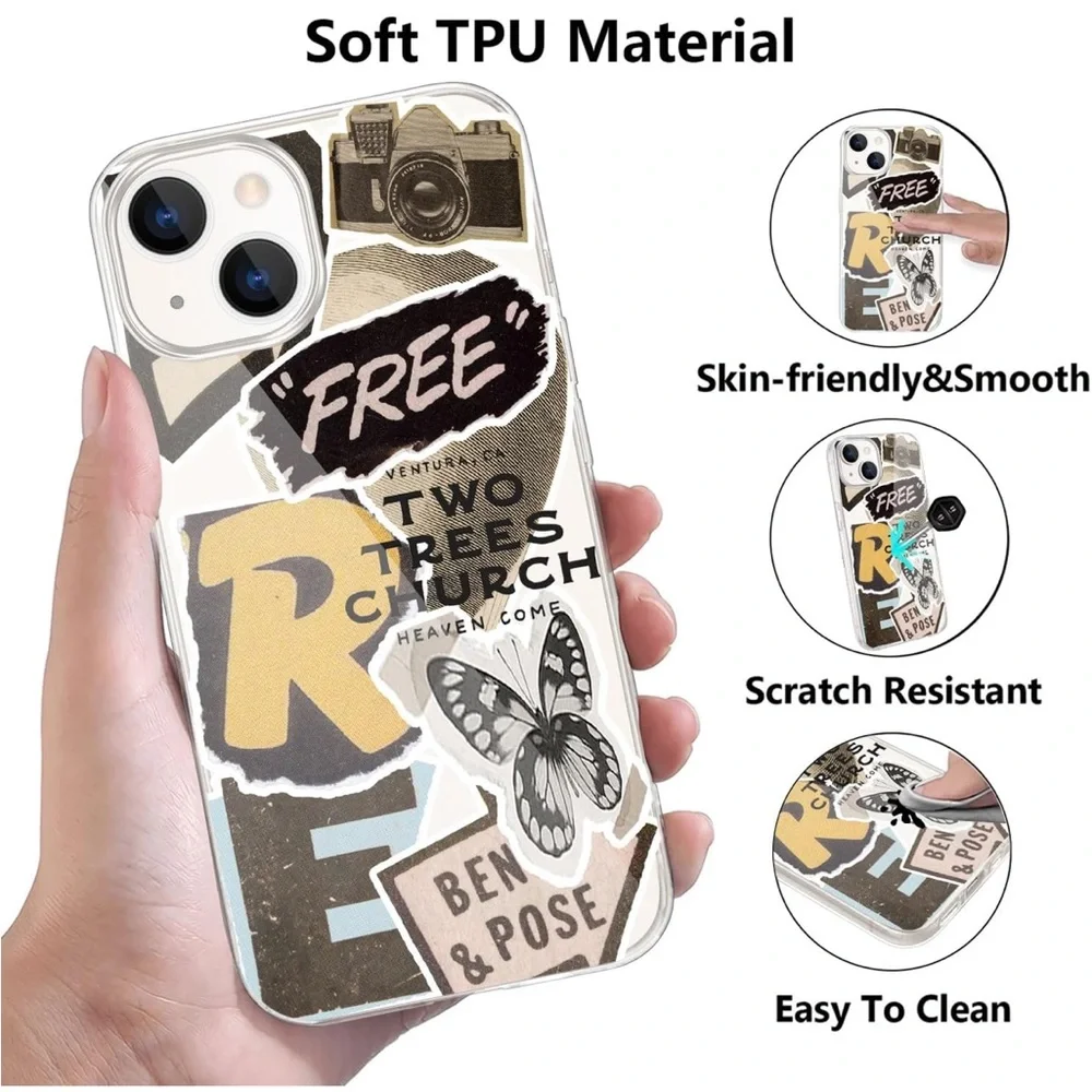 Retro Butterfly Pattern Phone Clear Case for iPhone 15 Plus Shockproof